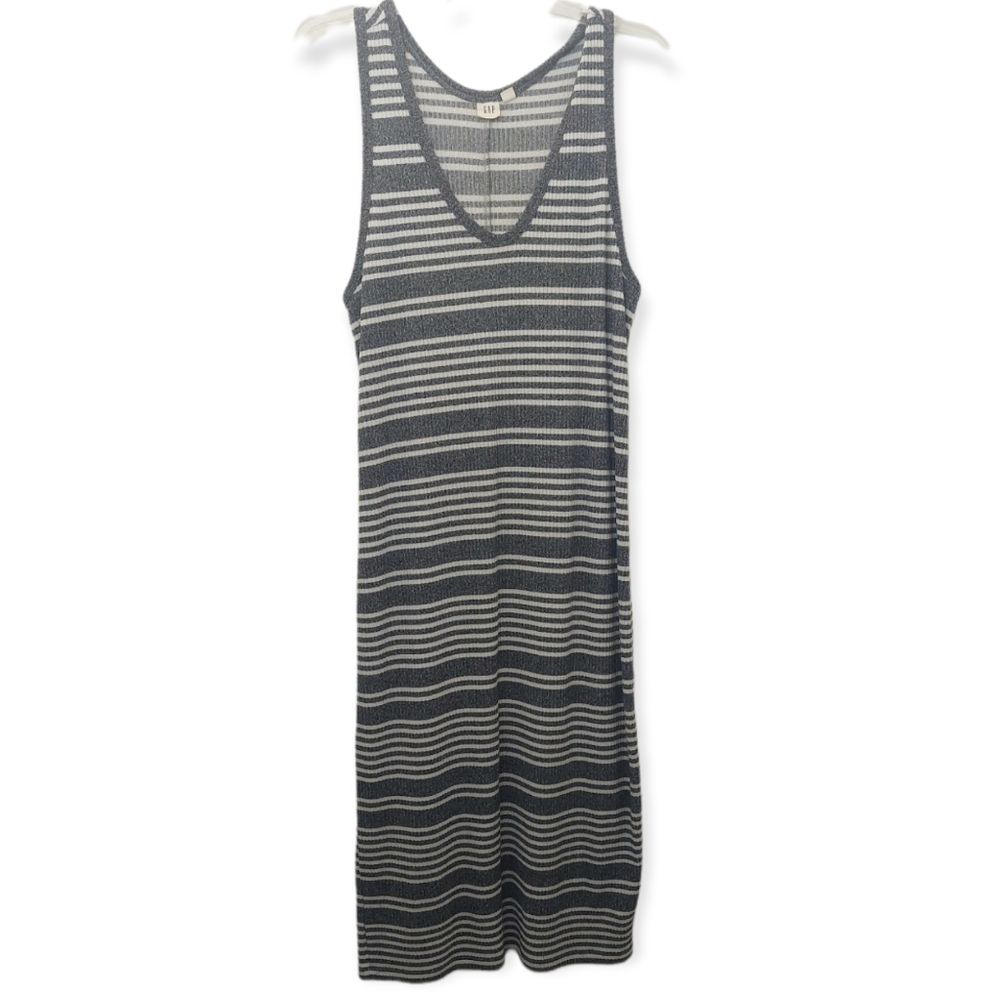 Gap Women's Size Large Sweater Dress Large V Neck Sleeveless Striped Gray White